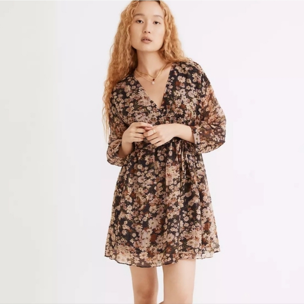 Madewell drawstring faux wrap mini dress daisy reverie